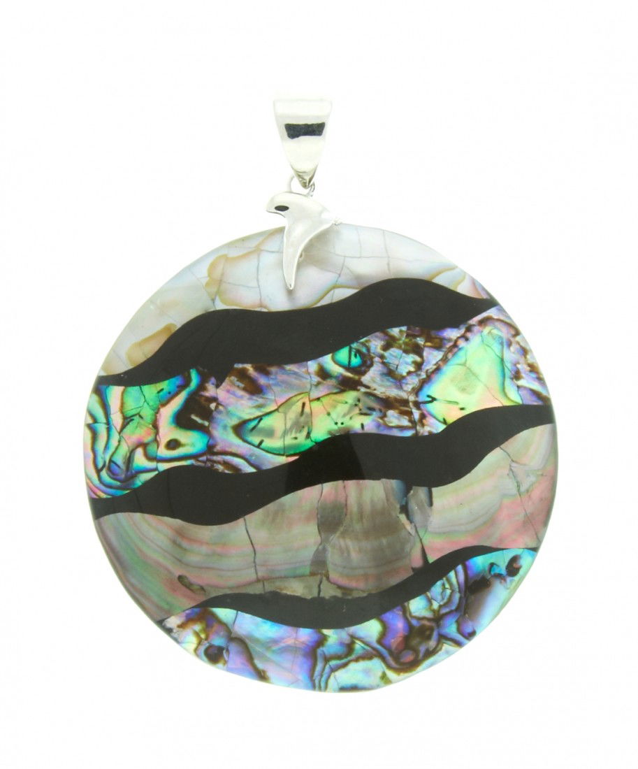 Abalone Shell Pendant RTJ565: "Abalone Shell Pendant RTJ565. Excellent Condition! LA5YT. One abalone shell pendant measuring 2.25" diameter. Ripples of color upon a smooth backing and glossed over. Unique loop adds for touching ve