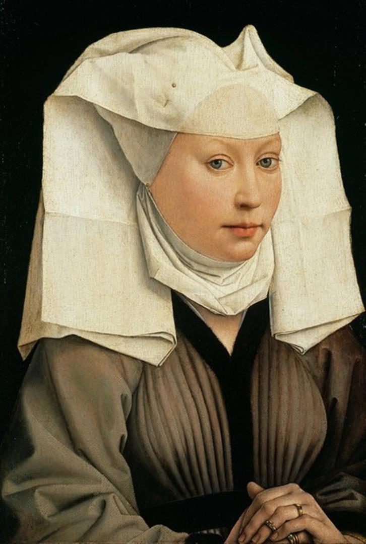 Weyden - Portrait of a Woman with a Winged Bonnet: Artist: Rogier van der Weyden - Title: Portrait of a Woman with a Winged Bonnet - Medium: Fine Art Reproduction Giclee on Canvas - Image Size: Approximately 20 inches x 13.5 inches - Unframed on Unstr