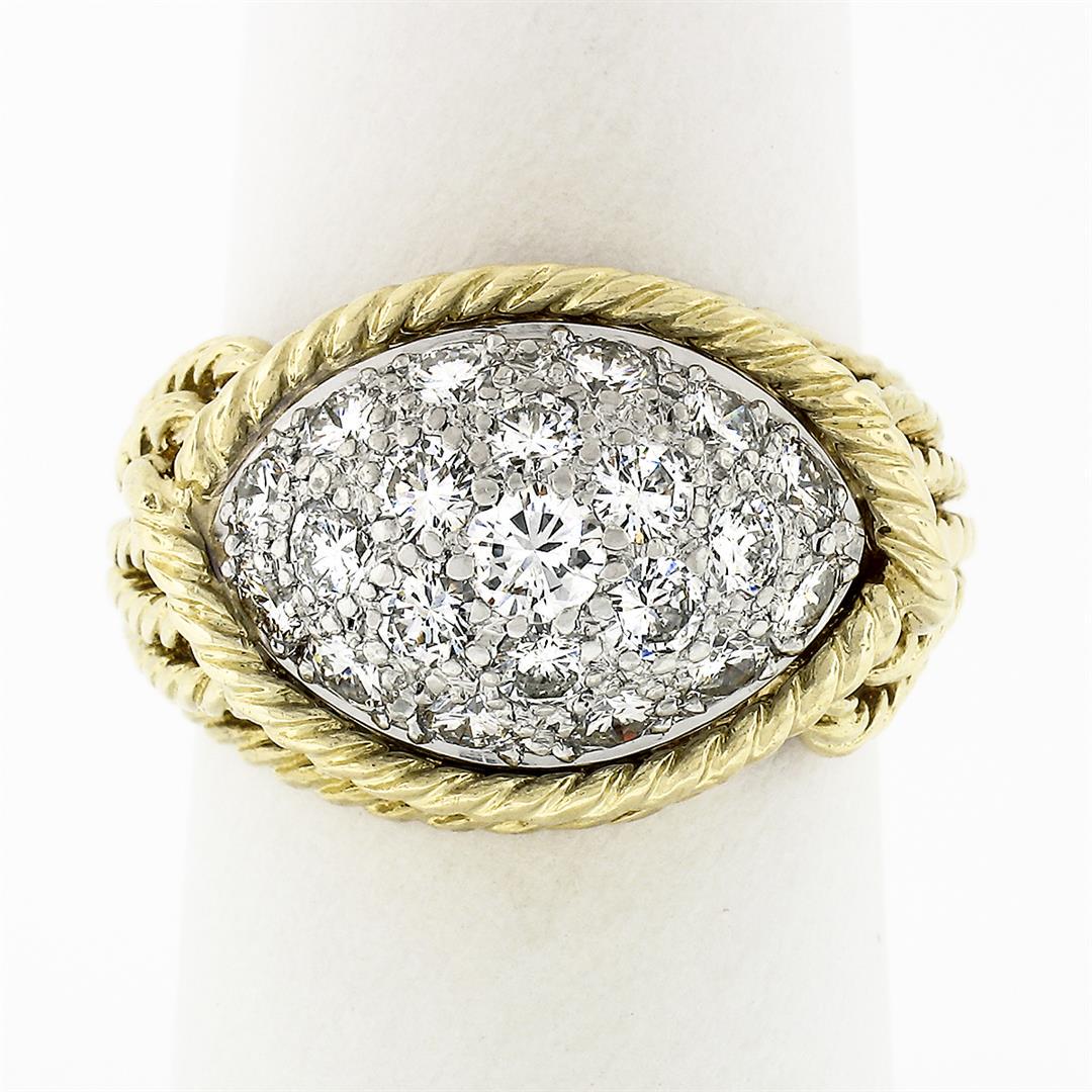 Vintage 18k Gold & Platinum 1.40 ctw Diamond Dome Twisted Wire Statement Band Ri: A solid 18k yellow gold and platinum band ring, with 21 round brilliant cut natural diamonds (D/E - VVS2/VS1 ; 1.40ctw). The ring is size 7.0, weighs a total of 11.92 grams, and measures 21mm wide.