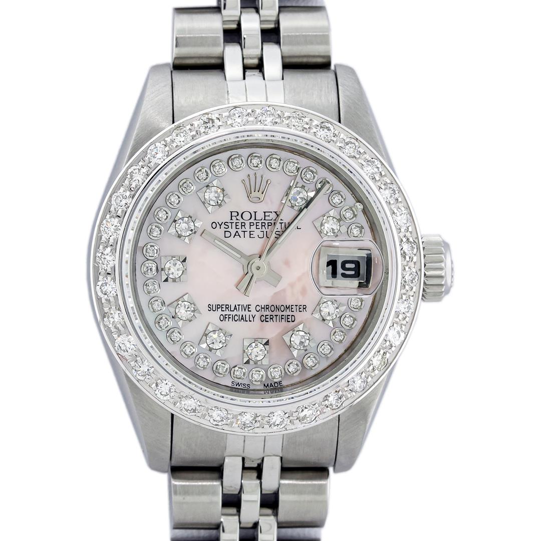 Rolex Ladies Stainless Steel Light Pink MOP 18K Gold Diamond Bezel Datejust Wris: One Ladies Stainless Steel Rolex Datejust Polished Bright with Satin Finish, Serviced & Electronically Tested, Stainless Steel Case: 26mm, Stainless Steel Crown, Custom Bezel: New 18K White Gold Beads