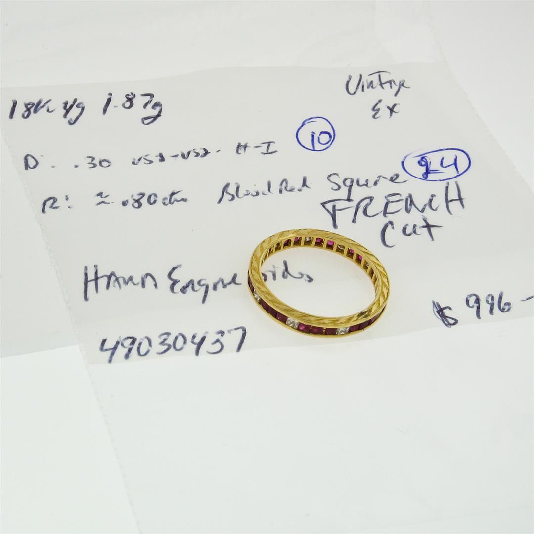 Vintage 18k Yellow Gold Channel French Ruby & Diamond Engraved Stack Band Ring: A vintage 18k yellow gold stackable band ring with 24 natural rubies (0.80ctw) and 10 natural diamonds (H/I - VS1/VS2; 0.30ctw). The ring is size 6.0, weighs a total of 1.87 grams, and measures 2.5mm 