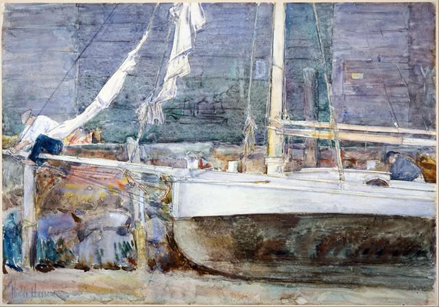 Childe Hassam - Drydock, Gloucester: Artist: Childe Hassam - Title: Drydock, Gloucester - Medium: Fine Art Giclee on Canvas - Image Size: Approximately 22.25 inches x 32 inches - Framed: Unframed on Unstretched Canvas - Biography: Childe