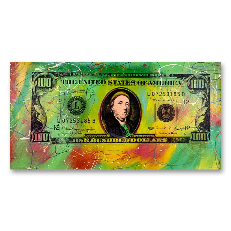 100 Dollar Old Ben Bill by Steve Kaufman (1960-2010): "One Hundred Dollar Old Ben Bill" is an HC edition hand pulled silkscreen mixed media on canvas by Andy Warhol protege Steve Kaufman (1960-2010). This piece is marked HC and hand signed inverso. Inclu