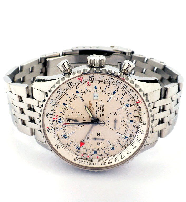 Stainless Steel Gents Breitling Navitimer Chronograph W: "Stainless Steel Gents Breitling Navitimer Chronograph Wristwatch A3216. Great Condition! WT6063AC. One, Breitling Navitimer World Men's Chronograph wristwatch electronically tested Stainless Steel. C
