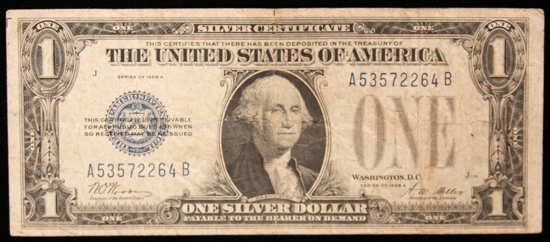 1928-A $1 Silver Certificate Dollar Funny Back Note PM2: "1928-A $1 Silver Certificate Dollar Funny Back Note PM2265. As-Is Condition! AD61LK. 1928-A $1 Silver Certificate Dollar Note with a Funny Back. Thank you for viewing this lot. We are always adding n