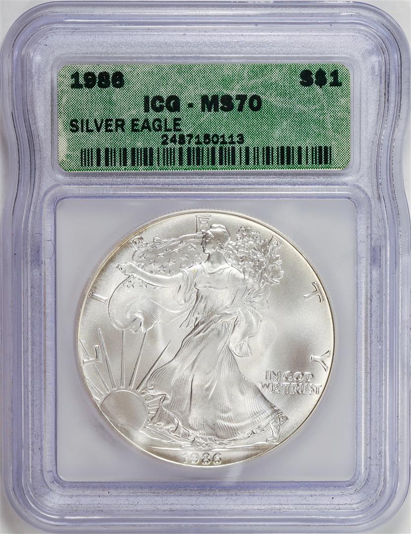 1986 American Silver Eagle .999 Fine Silver Dollar Coin ICG MS70: One 1986 American Silver Eagle .999 Fine Silver Dollar Coin ICG MS70.