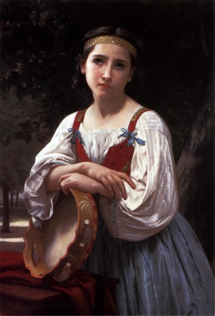 William Bouguereau - Gypsy Girl with Basque Drum: Artist: William Bouguereau Title: Gypsy Girl with Basque Drum Medium: Fine Art Reproduction Giclee on Canvas Image Size: Approximately 32 inches x 21.75 inches Unframed on Unstretched Canvas Biography