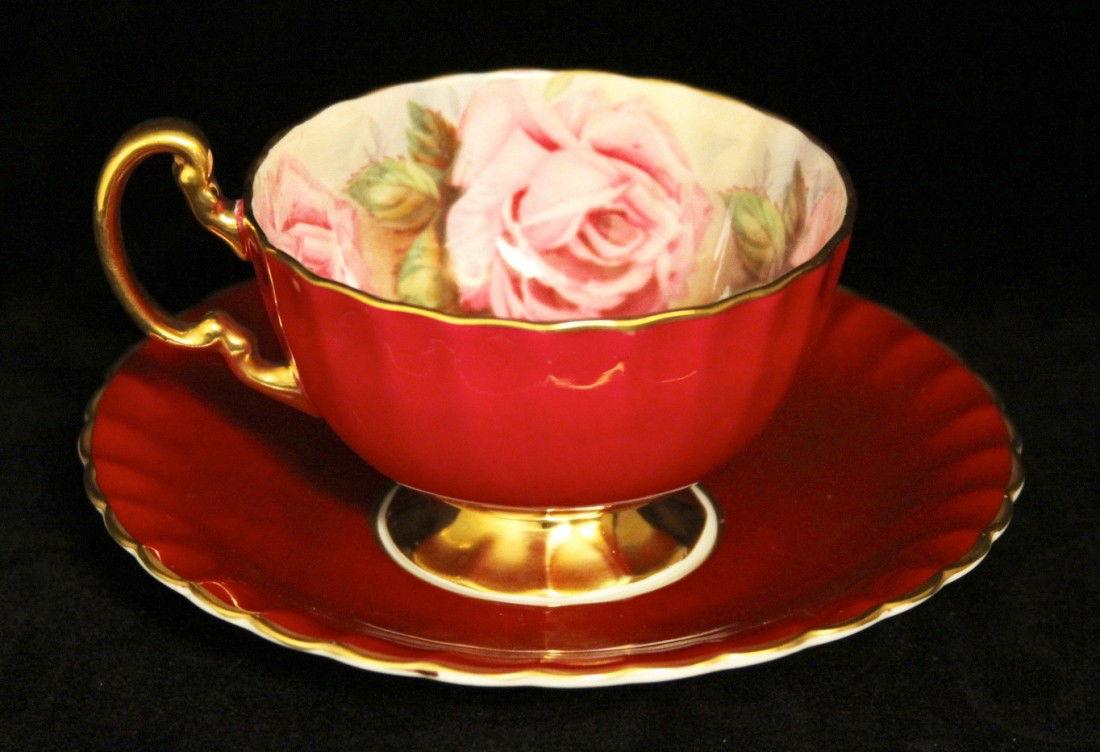 Aynsley China Red with Gold Gilt and Flower Accent BD17: "Aynsley China Red with Gold Gilt and Flower Accent BD172. Vintage Condition! EP13CS. This charming bone china from Aynsley tea cup and saucer set is a deep red with gold gilt trim to add a touch of t
