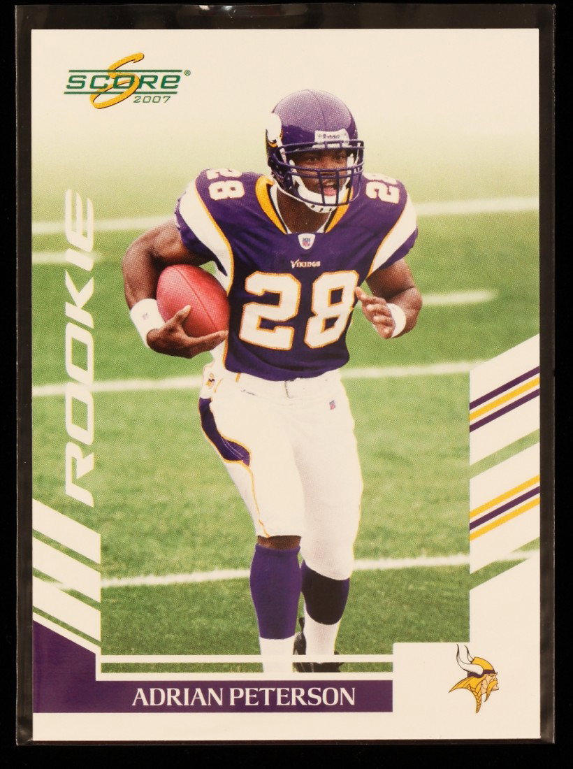 2007 Score Adrian Peterson Rookie Card C293: "2007 Score Adrian Peterson Rookie Card C293. As-Is Condition! XT11UY. One 2007 Score Adrian Peterson Rookie Card #341. Team: Minnesota Vikings. Thank you for viewing this lot. We are always adding ne