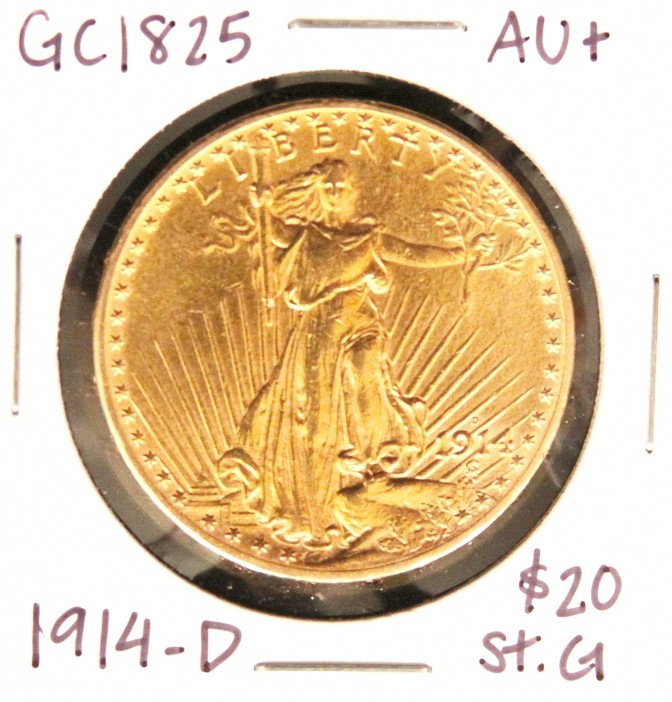 1914-D $20 AU+ St. Gaudens Double Eagle Gold Coin GC182: "1914-D $20 AU+ St. Gaudens Double Eagle Gold Coin GC1825. As-Is Condition! ER1361CB. 1914-D $20 AU+ St. Gaudens Double Eagle Gold Coin. Thank you for viewing this lot. We are always adding new invent