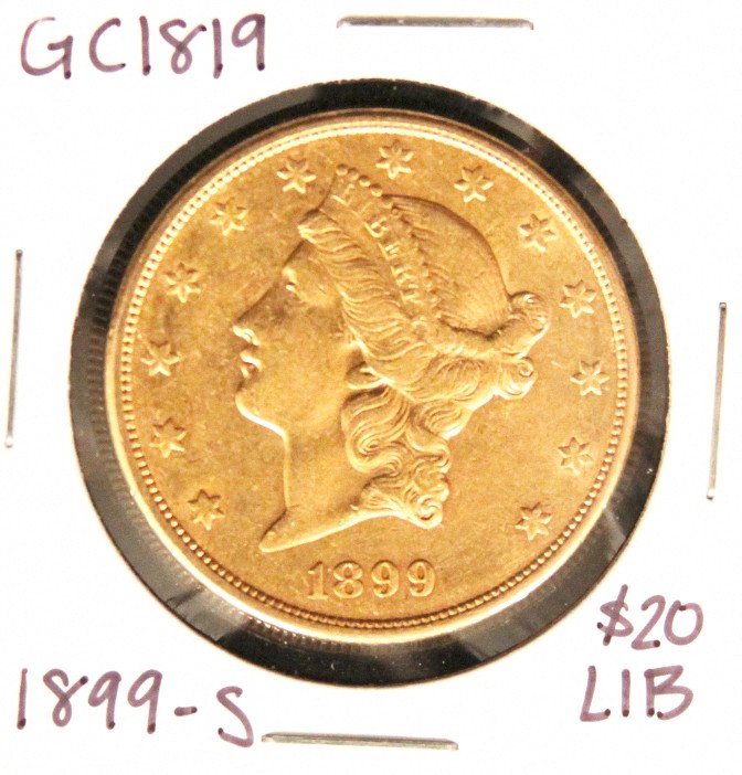 1899-S $20 Liberty Head Double Eagle Gold Coin GC1819: "1899-S $20 Liberty Head Double Eagle Gold Coin GC1819. As-Is Condition! NC1361YT. 1899-S $20 Liberty Head Double Eagle Gold Coin. Thank you for viewing this lot. We are always adding new inventory an