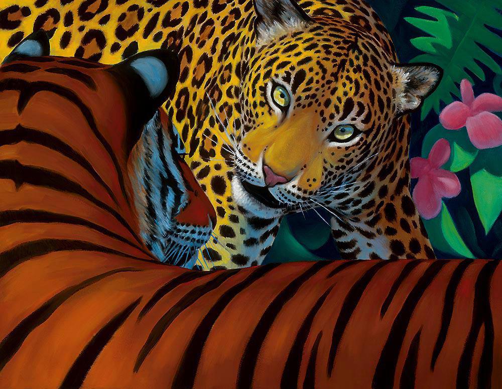 CATS MEET by Charles Lynn Bragg: Giclee on canvas, limited edition by Charles Lynn Bragg. The two most beautiful cats, a Tiger and a Leopard, meet in a sunlit jungle. 14 X 11
