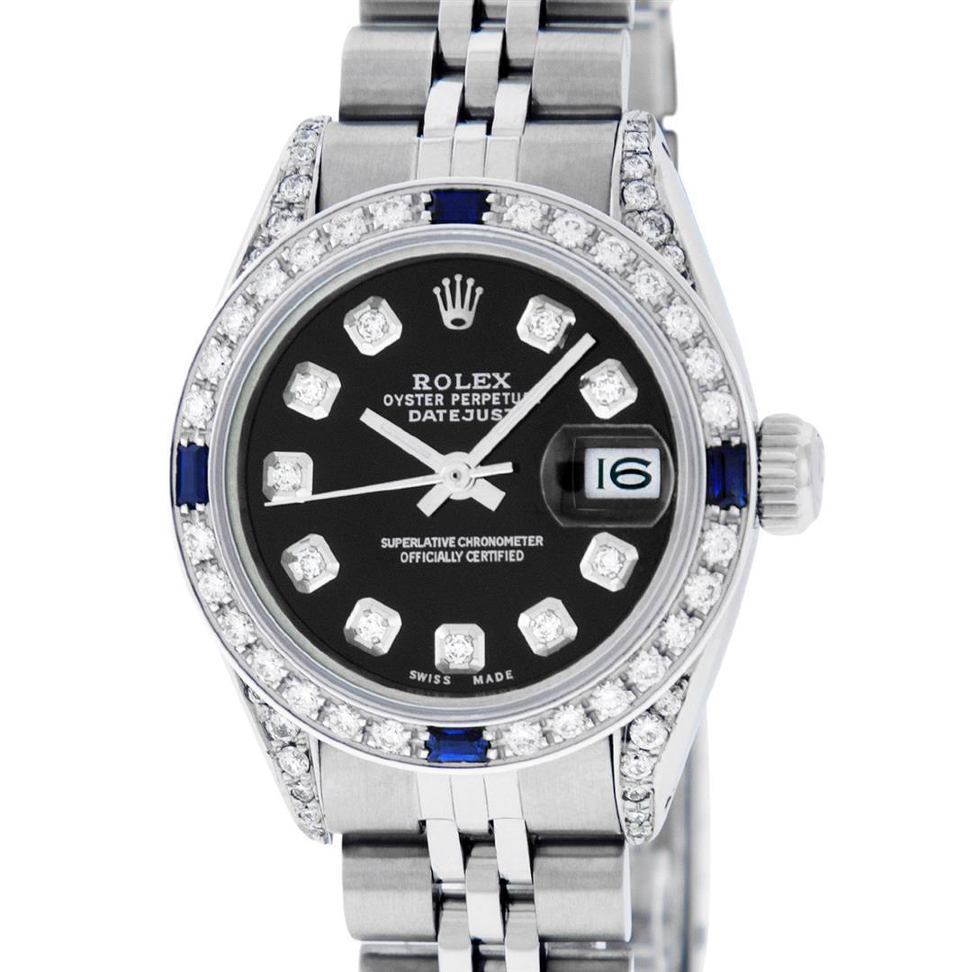 Rolex Ladies Stainless Steel Black Diamond Lugs & Sapphire Datejust: One Ladies Pre Owned Stainless Steel Rolex Datejust Polished Bright with Satin Finish, Serviced & Electronically Tested, Stainless Steel Case: 26mm, Stainless Steel Crown, Custom Diamond Lugs: 24 Diam