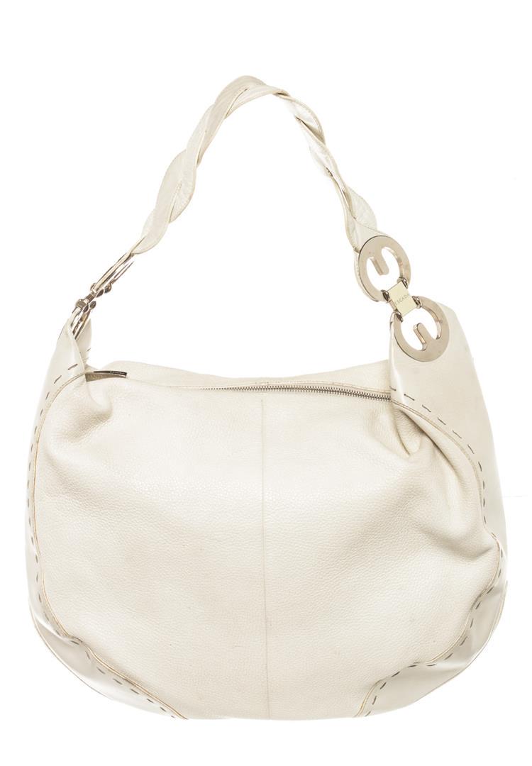 Escada White Pebbled Leather Hobo Bag: Lend a chic touch of femininity to your look with this leather bag. Make a stunning appearance with this one by Escada. Designed in a white pebbled leather, it is striking and is finished with a red f