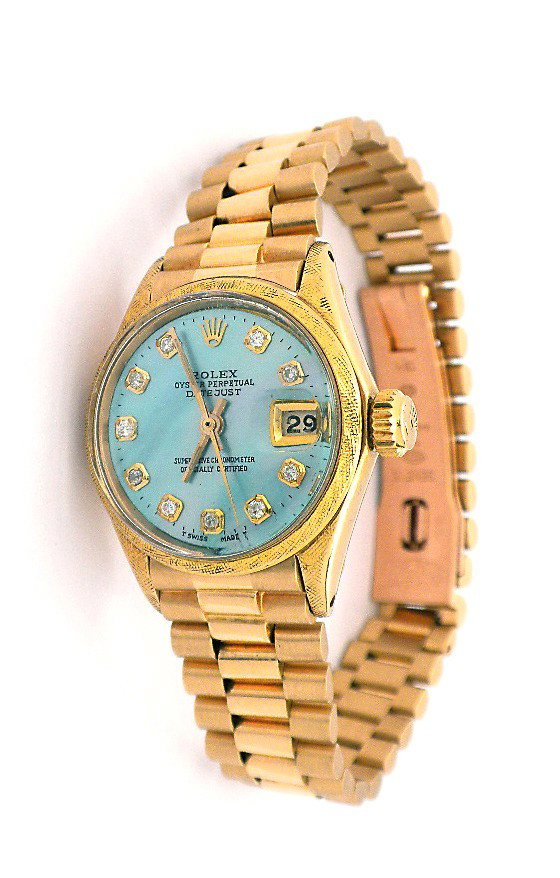 Ladies 18KT Yellow Gold Rolex President DateJust Wristw: "Ladies 18KT Yellow Gold Rolex President DateJust Wristwatch A3275. Great Condition! VM4334BY. One ladies, hand crafted and machine milled Rolex Lady President, the DateJust model wristwatch electroni