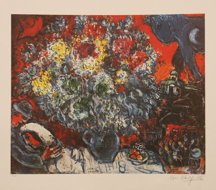 Marc Chagall "Bouquet de Fleurs et Amants" Fine Art Pri: "Marc Chagall "Bouquet de Fleurs et Amants" Fine Art Print PRNT1. As-Is Condition! EP12KJ. One fine art print of "Bouquet de Fleurs et Amants" by Marc Chagall. Limited edition numbered print of 500. D