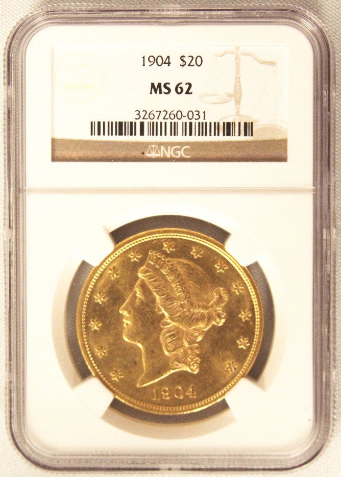 1904 $20 NGC MS62 Liberty Head Double Eagle Gold Coin D: "1904 $20 NGC MS62 Liberty Head Double Eagle Gold Coin DaveF353. As-Is Condition! FL1871SM. 1904 $20 NGC MS62 Liberty Head Double Eagle Gold Coin. Thank you for viewing this lot. We are always adding 
