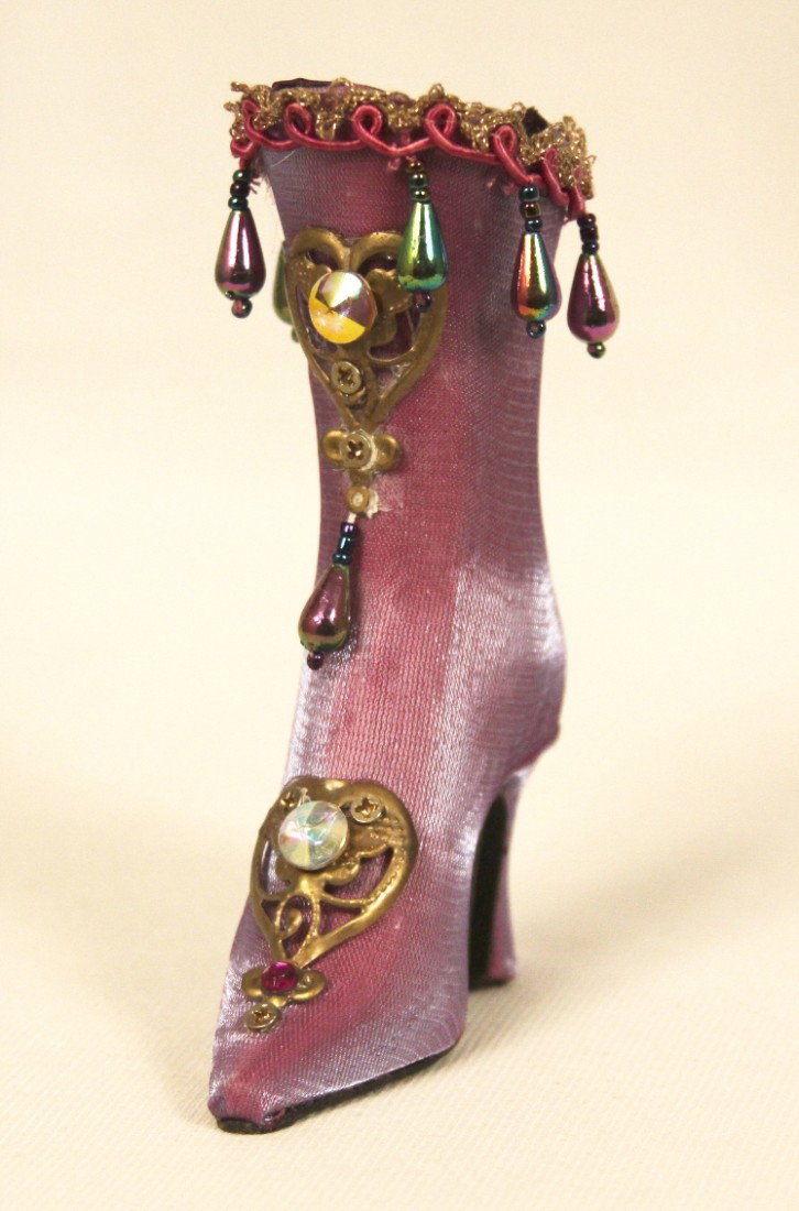 Hand Crafted Miniature Collectible Purple Jeweled Boot : "Hand Crafted Miniature Collectible Purple Jeweled Boot BD160. Great Condition! BV12FK. Hand Crafted Miniature Collectible Purple Jeweled Boot. Top is lined with elaborate ribbon. Fabric covering the 