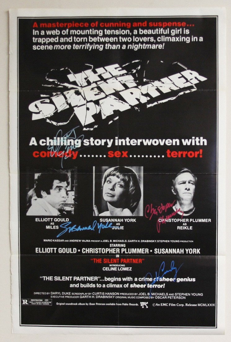 "The Silent Partner" Autographed Movie Poster SM35: ""The Silent Partner" Autographed Movie Poster SM35. As-Is Condition! EH15DS. This poster of the movie "The Silent Partner" is autographed by Elliot Gould, Suzannah York, Christopher Plummer, AND John