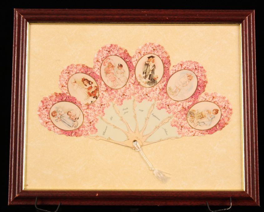 Vintage Framed Victorian Paper Doll/Paper Fan ED540: "Vintage Framed Victorian Paper Doll/Paper Fan ED540. Excellent Vintage Condition! HF63XS. This is a vintage framed Victorian little girls playing dress up paper/cardboard fan. It measures 16"x13". Pr