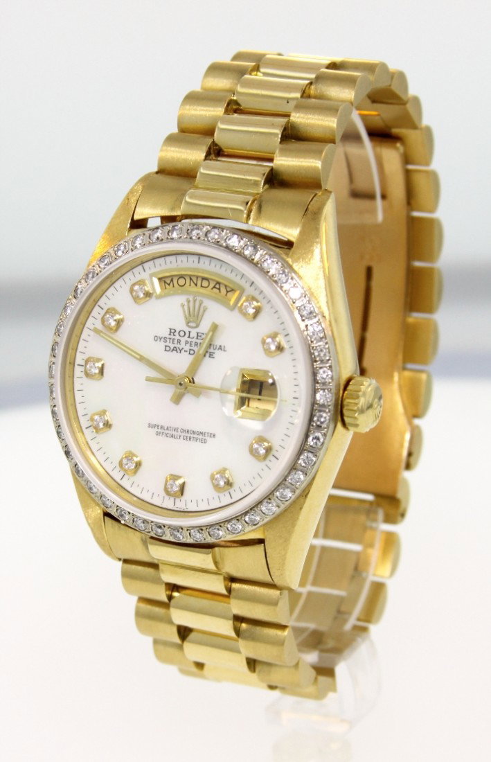 Gents Rolex 18KT Gold DayDate Wristwatch A3121: "Gents Rolex 18KT Gold DayDate Wristwatch A3121. Great Condition! NN1097CH. One gents, hand crafted and machine milled Rolex DayDate wristwatch, the "President", electronically tested 18KT yellow gold