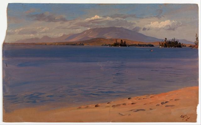 Frederic Edwin Church - Mt Katahdin from Lake Millinocket: Artist: Frederic Edwin Church - Title: Mt Katahdin from Lake Millinocket - Medium: Fine Art Giclee on Canvas - Image Size: Approximately 19.5 inches x 32 inches - Framed: Unframed on Unstretched Canva