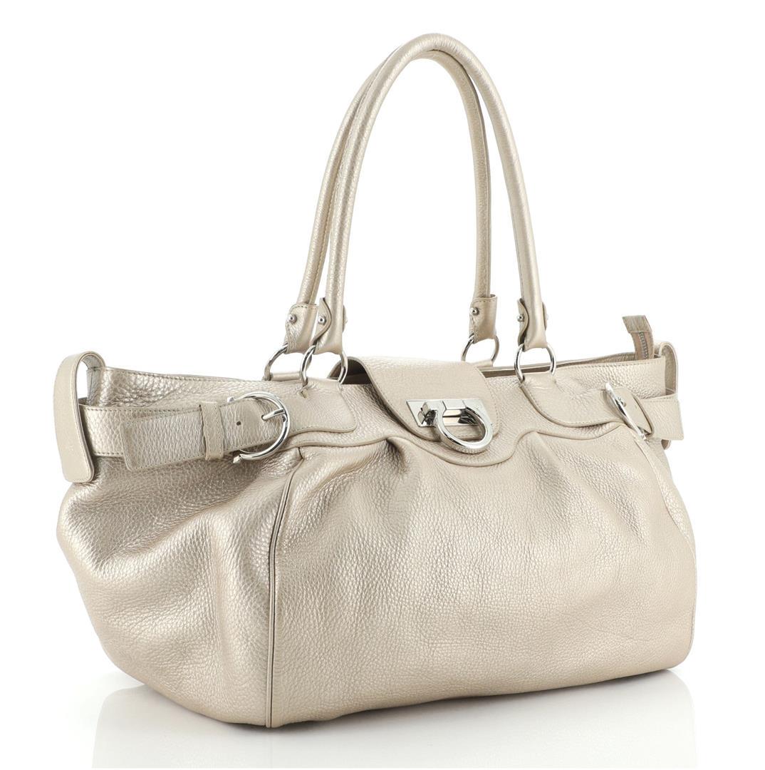 Salvatore Ferragamo Gancio Lock Buckle Leather Tote Leather Large Gold, Neutral: Salvatore Ferragamo Gancio Lock Buckle Leather Tote Leather Large Gold, Neutral Condition Details: Creasing and small glue stains on exterior, cracking on handle wax edges. Wear on handles and base co