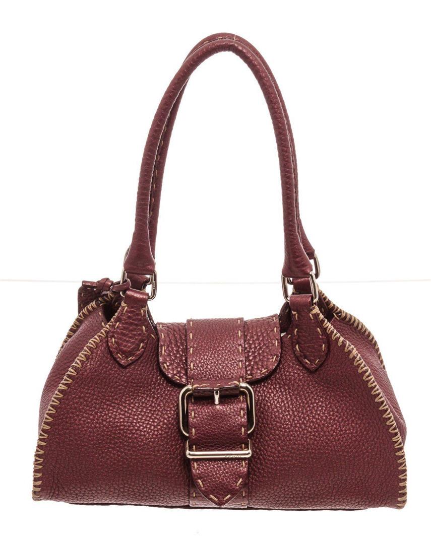 Fendi Burgundy Selleria Mini Tote Bag: Fendi Burgundy Selleria Mini Tote Bag with gold-tone hardware, trim leather, leather lining, shoulder bag and turn lock closure. MEASUREMENTS: Length 1 in / 3 cm Width 1 in / 3 cm Height 1 in / 3 cm C