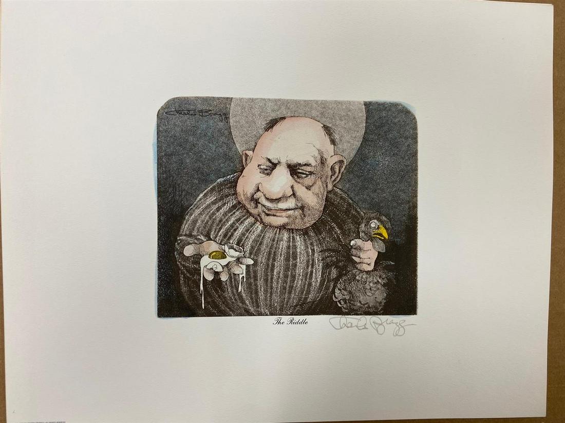 The Riddle by Charles Bragg: This is a hand-colored Mixed Media litho, hand signed by famed satirist Charles Bragg. It measures 14.5 x 11.5 ".