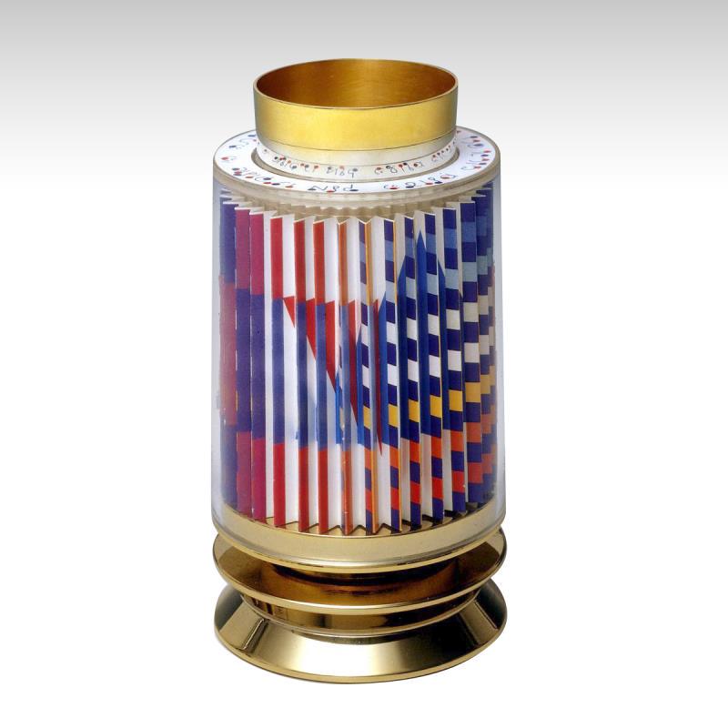 Kiddush Cup by Agam, Yaacov: This is a limited edition 24k gold plated sterling silver with agamograph in lucite "Kiddush Cup" by Yaacov Agam. This piece is numbered and hand signed by the artist and includes a letter of authenti
