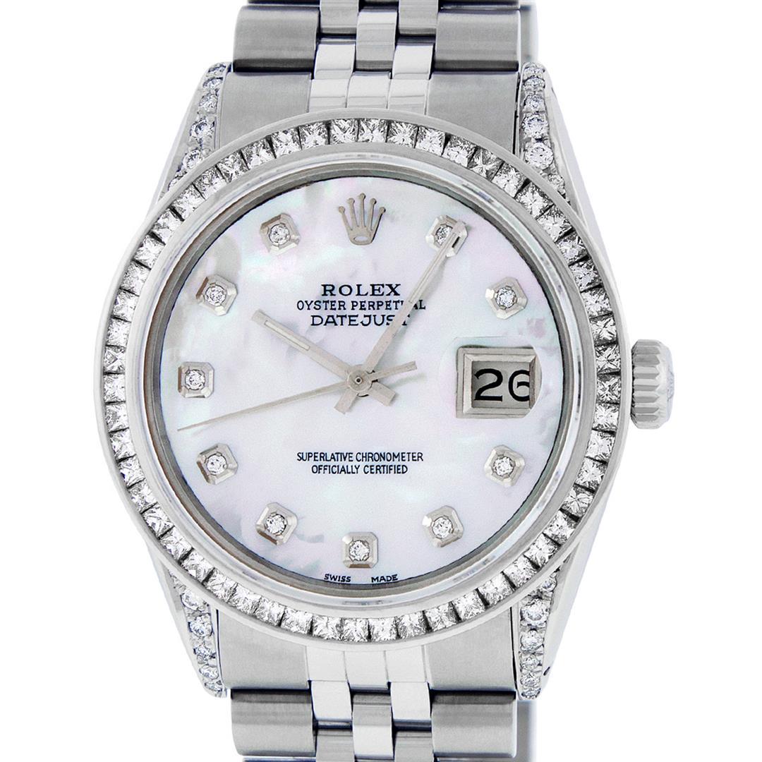 Rolex Mens SS MOP Diamond Lugs & Princess Cut Diamond Datejust Wristwatch 36MM: One Mens Pre Owned Rolex Datejust Polished Bright with Satin Finish, Serviced & Electronically Tested, Stainless Steel Case: 36mm, Custom Diamond Lugs: 28 Diamonds In Lugs, Color: G to H, Clarity: SI-