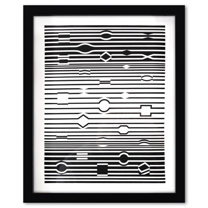 Markab de la serie Ondulatoires by Vasarely (1908-1997): "Markab de la serie Ondulatoires" is a heliogravure print on paper, published in 1973, by Victor Vasarely (1908-1997). This piece comes custom framed, with a letter of authenticity and with a 1976 Vas
