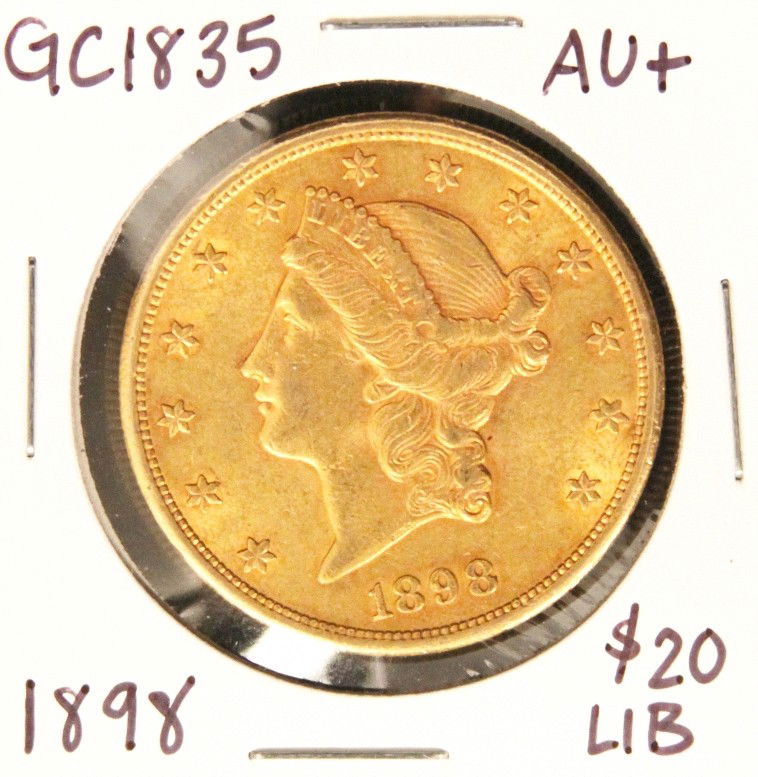 1898 $20 AU+ Liberty Head Double Eagle Gold Coin GC1835: 1898 $20 AU+ Liberty Head Double Eagle Gold Coin GC1835. As-Is Condition! MC6681BR. 1898 $20 AU+ Liberty Head Double Eagle Gold Coin. Thank you for viewing this lot. We are always adding new inventory