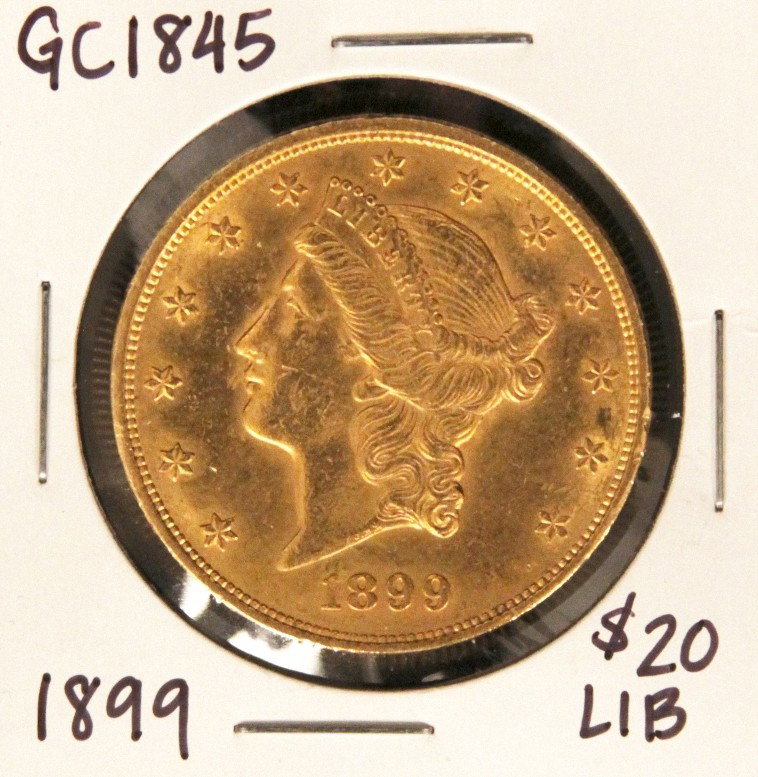 1899 $20 Liberty Head Double Eagle Gold Coin GC1845: 1899 $20 Liberty Head Double Eagle Gold Coin GC1845. As-Is Condition! PE6681HR. 1899 $20 Liberty Head Double Eagle Gold Coin. Thank you for viewing this lot. We are always adding new inventory and new