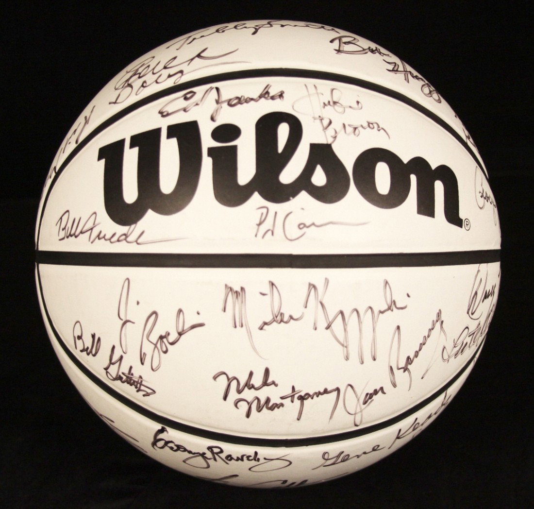 Flight School Coaches Autographed Basketball SM23: "Flight School Coaches Autographed Basketball SM23. As-Is Condition! TE103PL. This basketball is autographed by Dean Krzyzewski, Tubby Smith, George Karl, Jim Calhoun, Dr. Jack Ramsay, Jim Boeleim, Ge