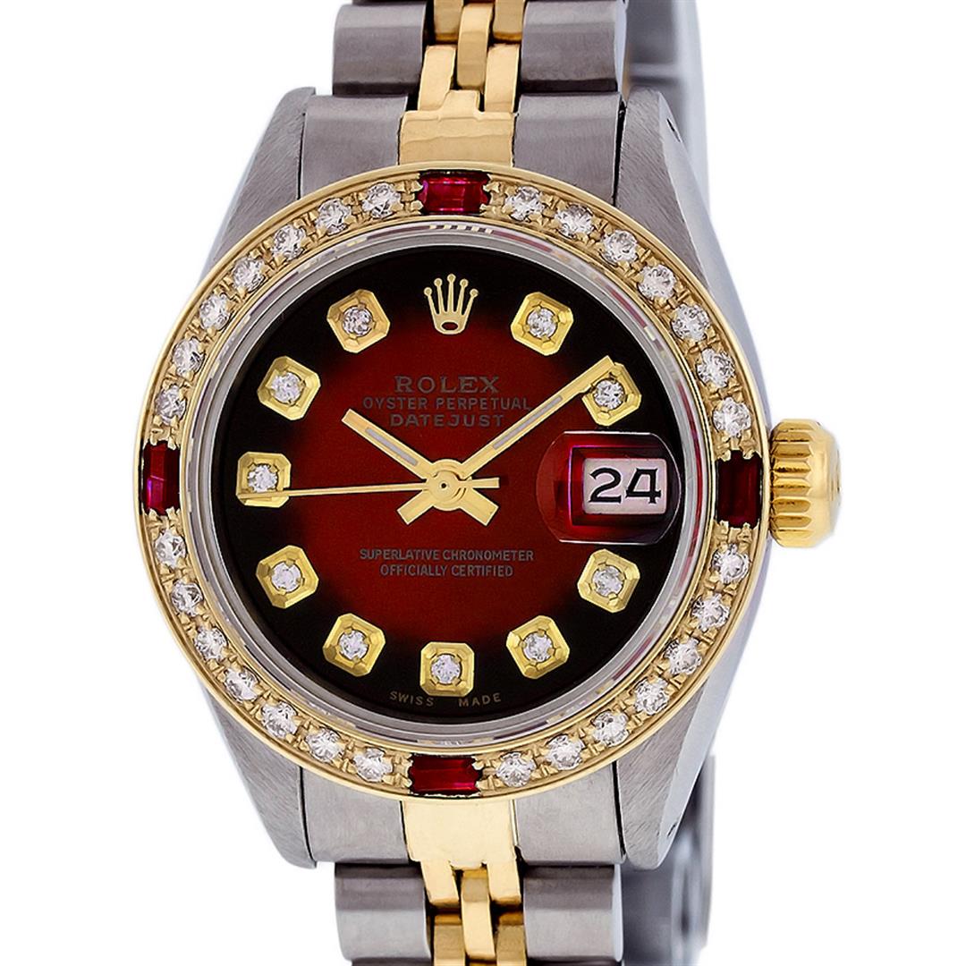Rolex Ladies 2 Tone Red Vignette Diamond & Ruby 26MM Datejust Wristwatch: One Ladies Pre Owned Two Tone Rolex Datejust Polished, Serviced & Electronically Tested, Yellow Gold & Stainless Steel Case: 26mm, Yellow Gold Crown, Custom Bezel: New 18K Yellow Gold Ruby Beadset Dia
