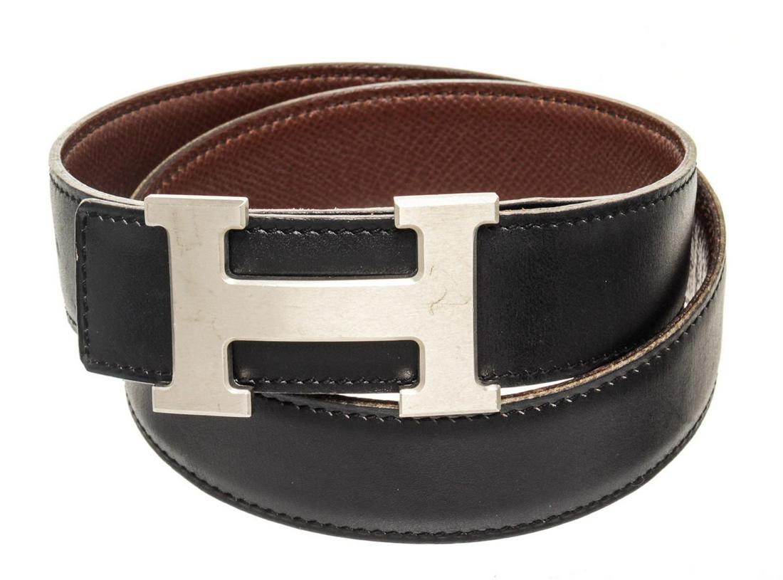 Hermes Black Leather Constance H Belt: Hermes Black Leather Constance H Belt with leather, silver-tone hardware and push lock closure.