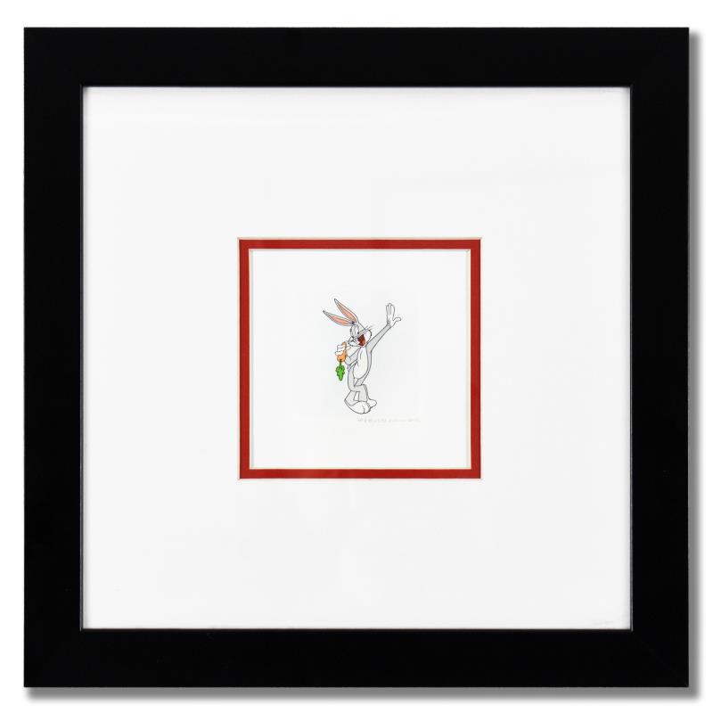 Bugs Bunny by Looney Tunes: "Bugs Bunny" is a limited edition etching on paper with hand-tinted coloring from Warner Bros, numbered and dated 1999. This piece comes framed. Measures approximately 14" x 14" (with frame), 2.5" x 2