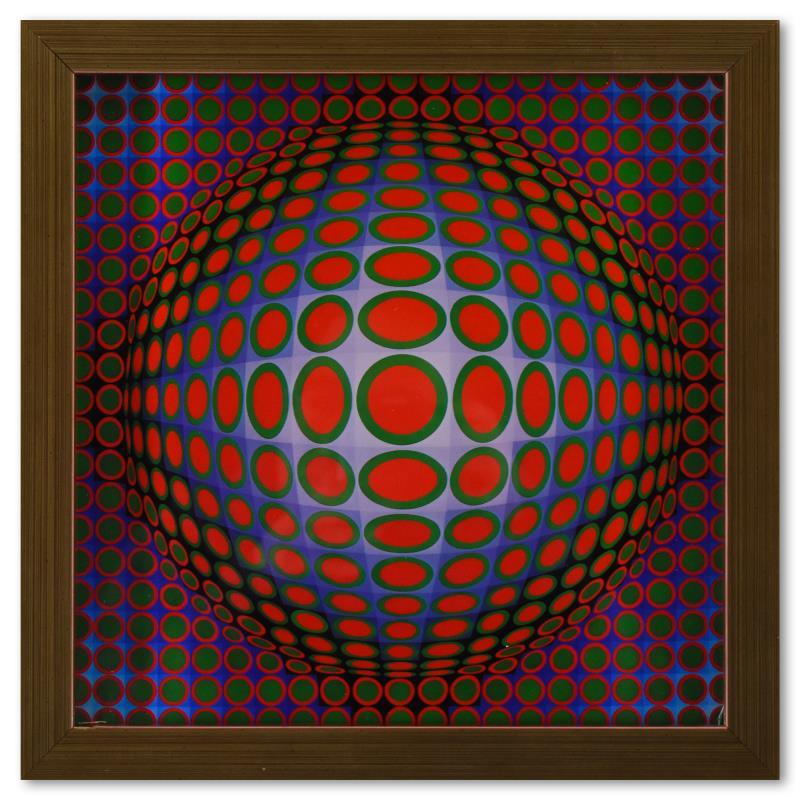 Vega - TEK de la serie Vega by Vasarely (1908-1997): "Vega - TEK de la serie Vega" is a heliogravure print on paper, published in 1971, by Victor Vasarely (1908-1997). This piece comes custom framed, with a letter of authenticity and with a 1976 Vasarel