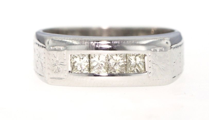 14KT White Gold .52ct In-Line Diamond Ring A3303: "14KT White Gold .52ct In-Line Diamond Ring A3303. Good Condition! AD153HR. One electronically tested 14KT white gold cast in-line diamond ring. Bright and patterned finish. Identified with markings o
