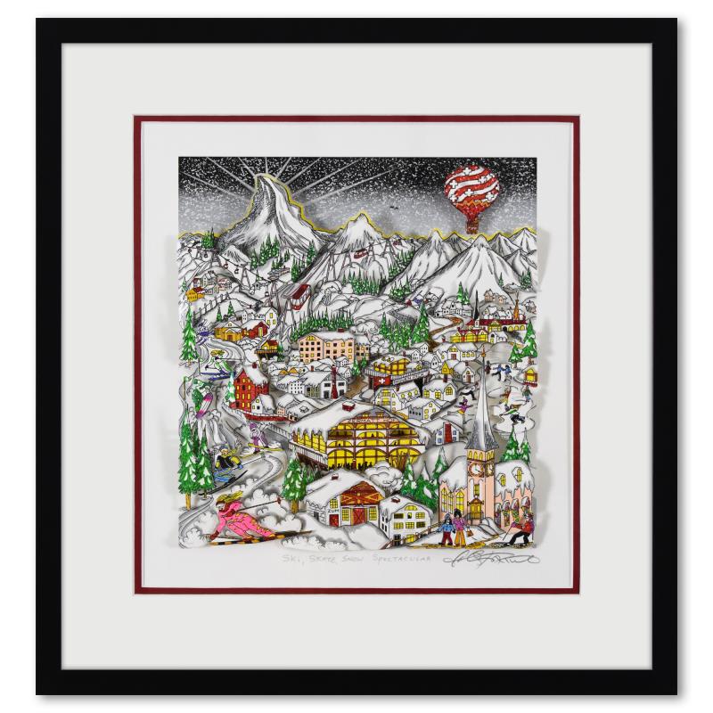 Ski, Skate, Snow...Spectacular (Red) by Fazzino, Charles: "Ski, Skate, Snow...Spectacular (Red)" is a 3D limited edition silk screen construct on paper by Charles Fazzino, numbered and hand signed by the artist. This piece comes custom framed. Includes Certi