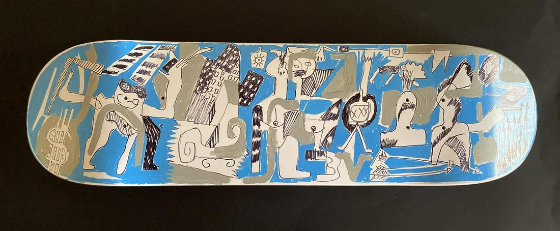 Hand painted skateboard "Grey Compliments Blue Period" by Gino Perez: Grey Compliments Blue Period by Gino Perez. "Grey Compliments Blue Period" is a wood Sugar Skate Co deck, with hand painted original artwork by Gino Perez, and hand signed. Measures approximately 32"