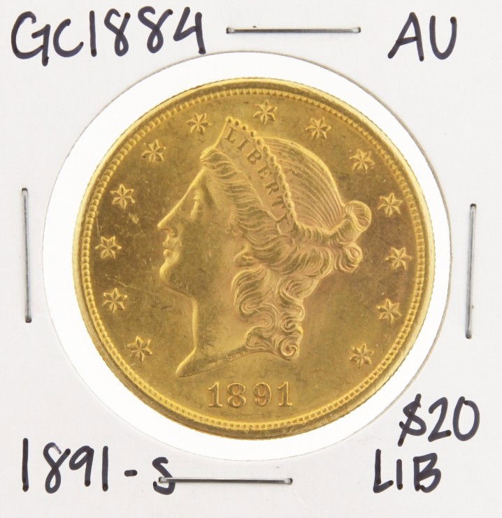 1891-S $20 AU Liberty Head Double Eagle Gold Coin GC188: "1891-S $20 AU Liberty Head Double Eagle Gold Coin GC1884. As-Is Condition! WS6881HT. 1891-S $20 AU Liberty Head Double Eagle Gold Coin. Thank you for viewing this lot! We are always adding new invent