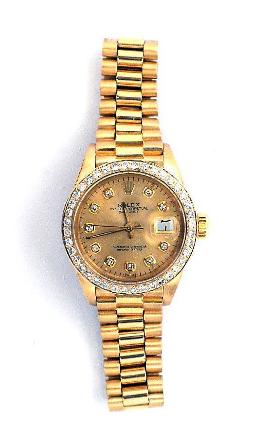 Ladies 18KT Gold Rolex Diamond DateJust Wristwatch A327: "Ladies 18KT Gold Rolex Diamond DateJust Wristwatch A3273. Great Condition! BS4864MJ. One ladies, hand crafted and machine milled Rolex DateJust model the Lady President wristwatch electronically test