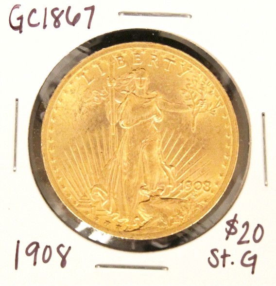 1908 $20 St. Gaudens Double Eagle Gold Coin GC1867: "1908 $20 St. Gaudens Double Eagle Gold Coin GC1867. As-Is Condition! EL6681GU. 1908 $20 St. Gaudens Double Eagle Gold Coin. Thank you for viewing this lot. We are always adding new inventory and new
