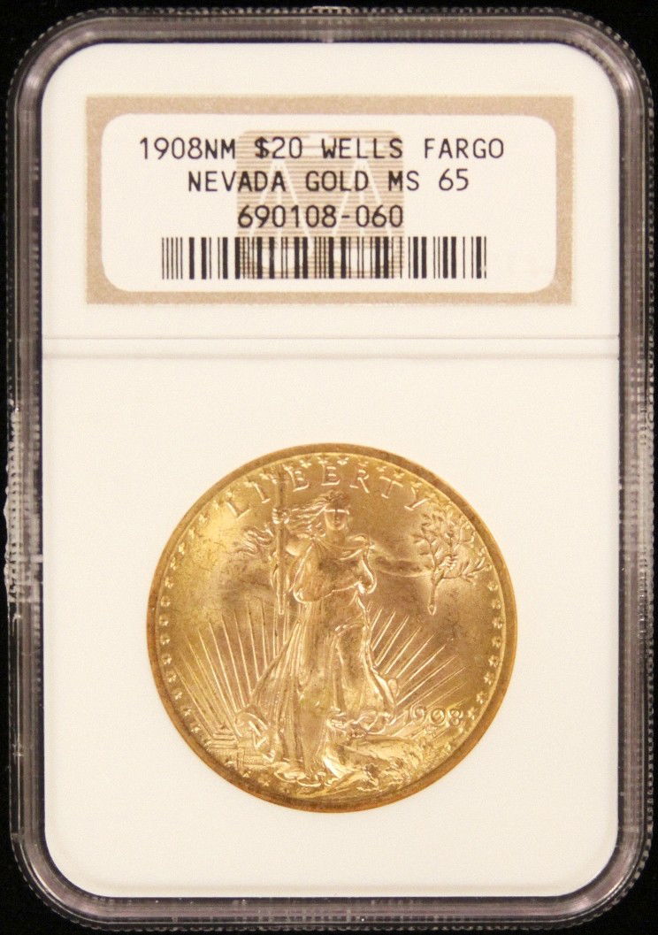 1908-NM $20 NGC MS65 Wells Fargo Nevada St. Gaudens Dou: "1908-NM $20 NGC MS65 Wells Fargo Nevada St. Gaudens Double Eagle Gold Coin JohnGC68. As-Is Condition! VT1052DA. 1908-NM $20 NGC MS65 Wells Fargo Nevada St. Gaudens Double Eagle Gold Coin. Thank you f