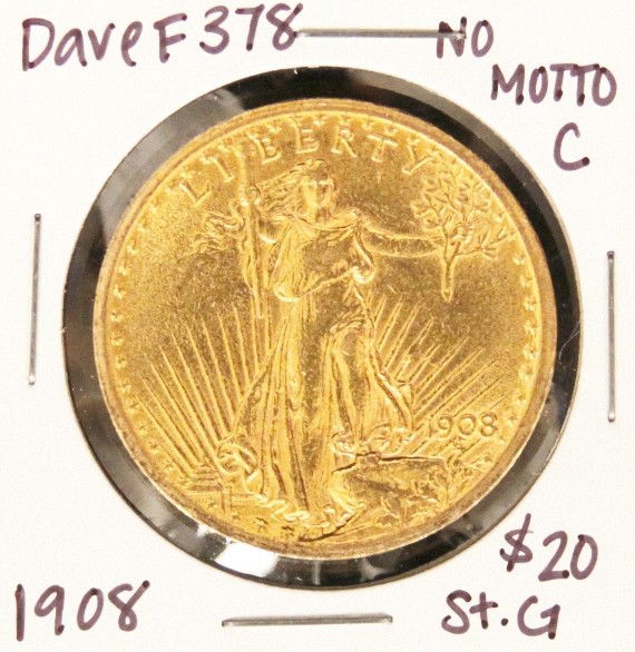 1908 $20 C No Motto St. Gaudens Double Eagle Gold Coin : "1908 $20 C No Motto St. Gaudens Double Eagle Gold Coin DaveF378. As-Is Condition! YA6881DE. 1908 $20 C No Motto St. Gaudens Double Eagle Gold Coin. Thank you for viewing this lot. We are always addin