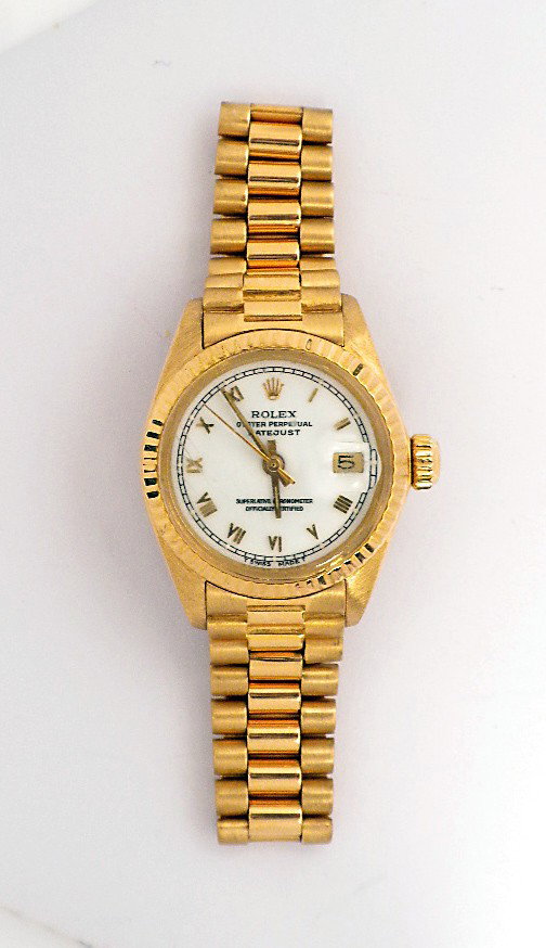 Ladies 18KT Yellow Gold Rolex DateJust Wristwatch A3274: "Ladies 18KT Yellow Gold Rolex DateJust Wristwatch A3274. Great Condition! TX3893LY. One ladies, hand crafted and machine milled Rolex DateJust model wristwatch The Lady President electronically teste