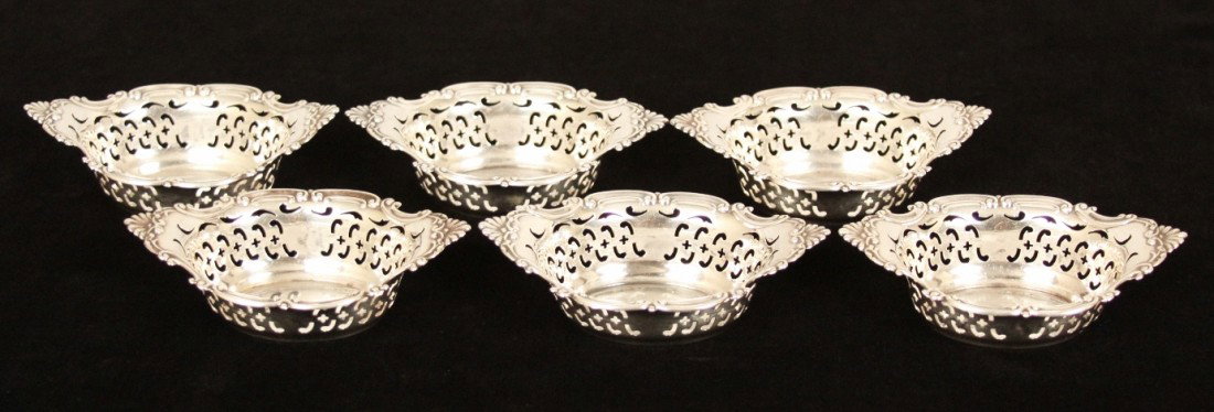 Foster and Co. Boston Sterling Silver Fretwork Bowls WB: "Foster and Co. Boston Sterling Silver Fretwork Bowls WBL9. Excellent Condition! GE661DM. Six lovely and beautifully made sterling silver fretwork miniature bowls made by Foster and Co. from Boston. T