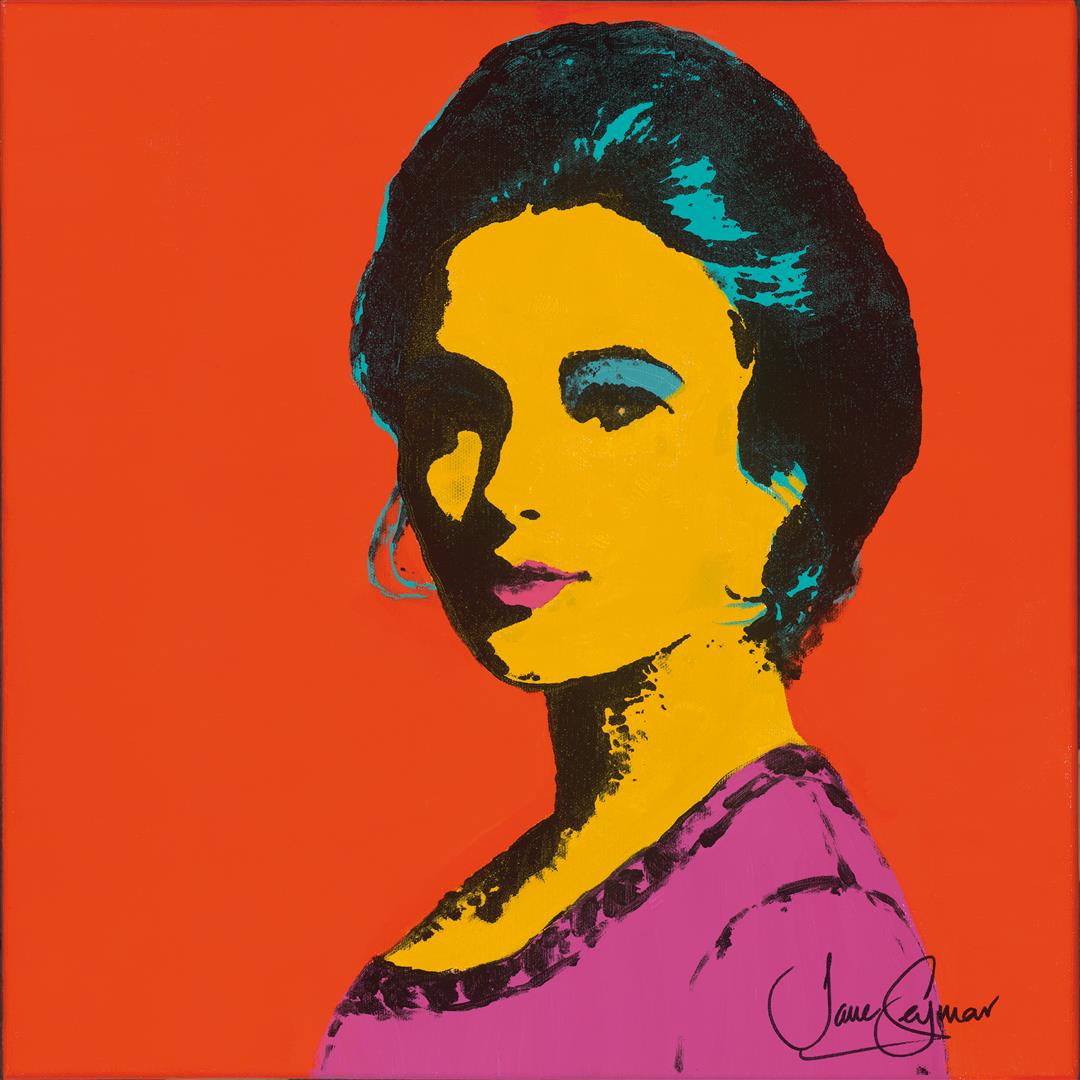 Jane SEYMOUR: Solitaire no. 1 (Orange): Jane SEYMOUR: Solitaire no. 1 (Orange). Unique mixed-media, silkscreen with acrylic on canvas, signed lower right, 16 x 16" FR: 23 x 23" After visiting the Andy Warhol Museum, where Jane learned the s